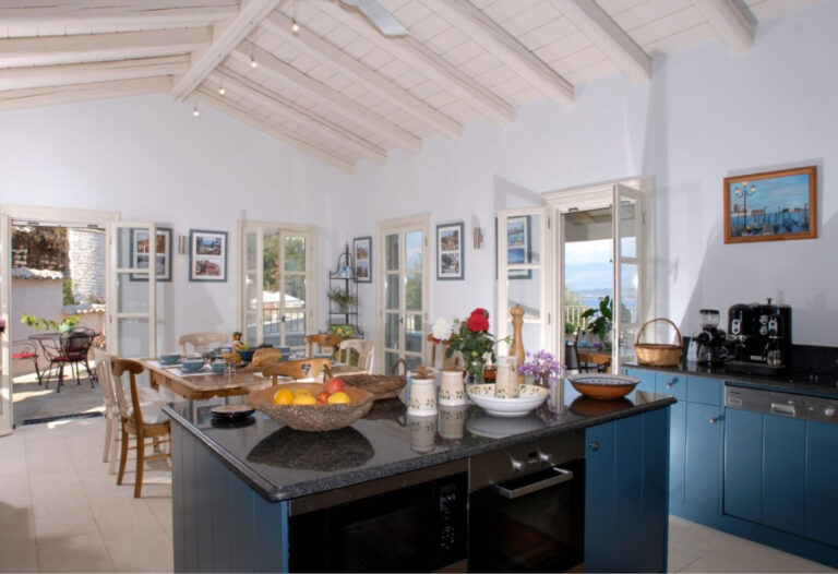 Kitchen and living room interior of perfect blue villas