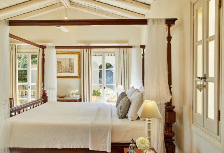 Villa interior with bed and white walls