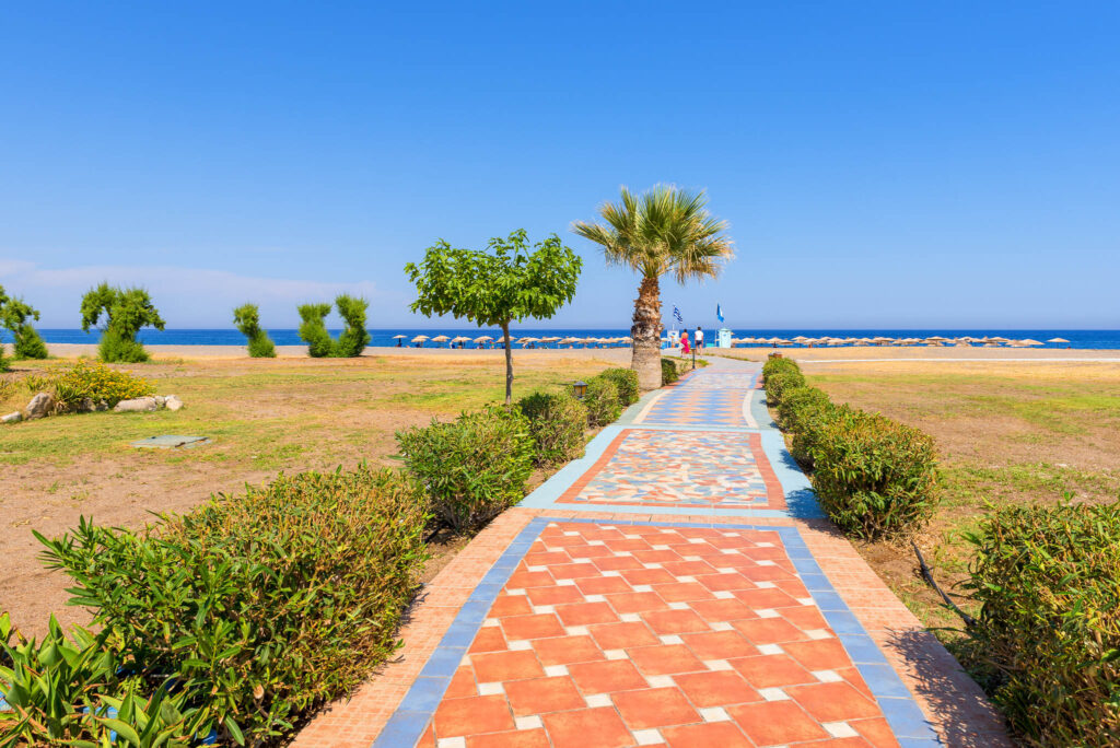 Decorative,Walkway,To,Kalathos,Beach,On,Sunny,Summer,Day.,Rhodes