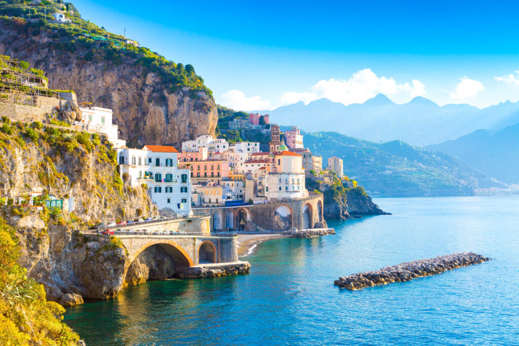 Morning,View,Of,Amalfi,Cityscape,On,Coast,Line,Of,Mediterranean